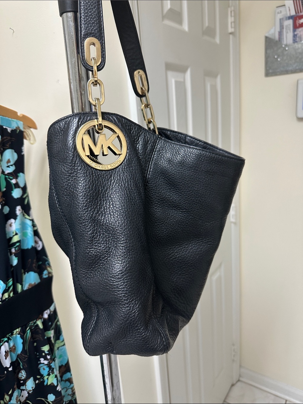 Michael Kors Black Pebbled Leather Shoulder Tote with Gold MK Medallion